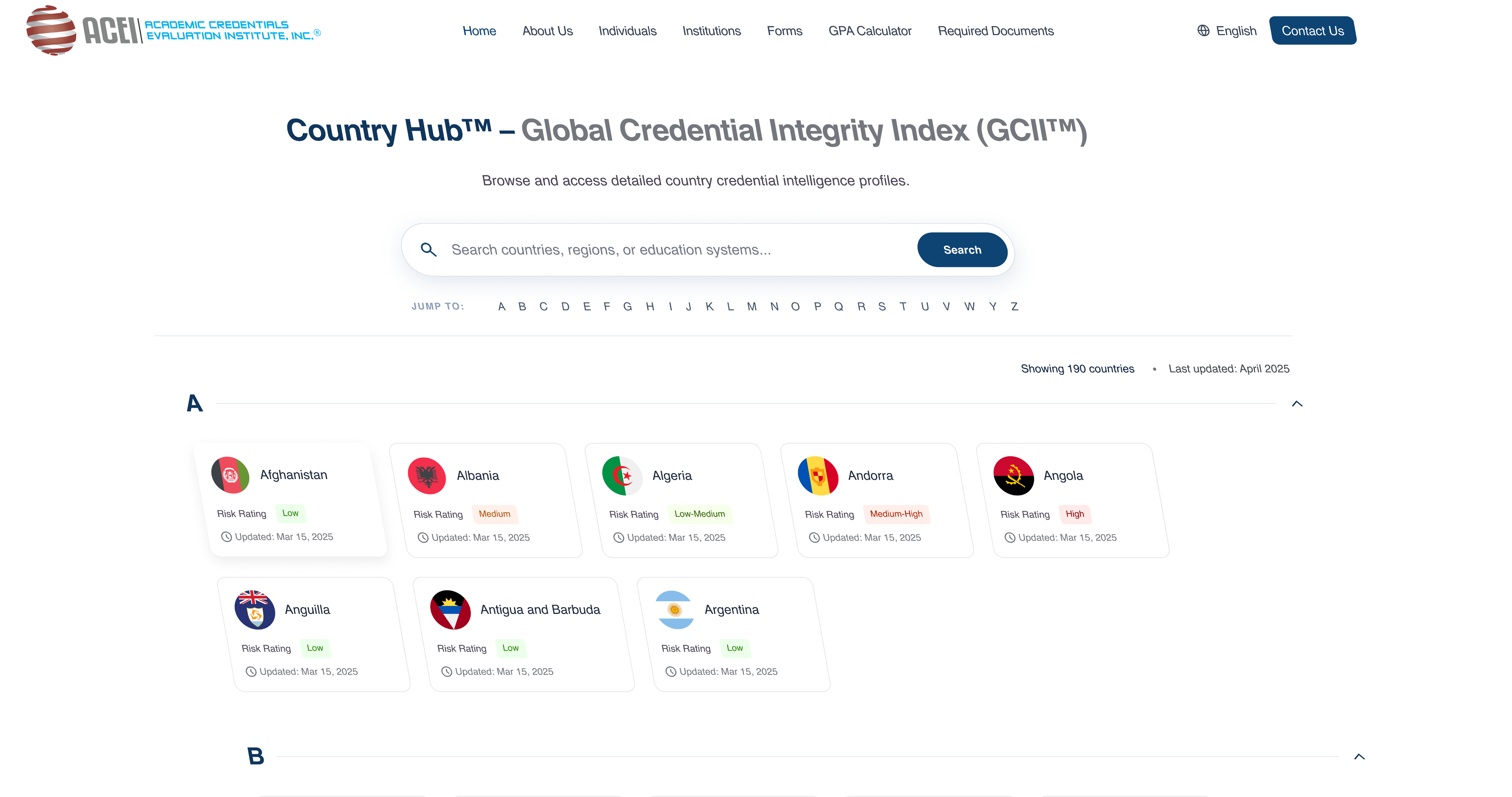 Country Hub dashboard preview showing country credential profiles